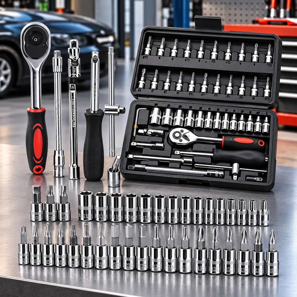 46-Piece Premium Chrome Vanadium Socket Wrench Set, 1/4" Drive Ratchet Tool Kit with Precision-Polished Sockets, Hex Keys and Accessories in a Blow-Molded Case for Professional and DIY Use daily storage secure