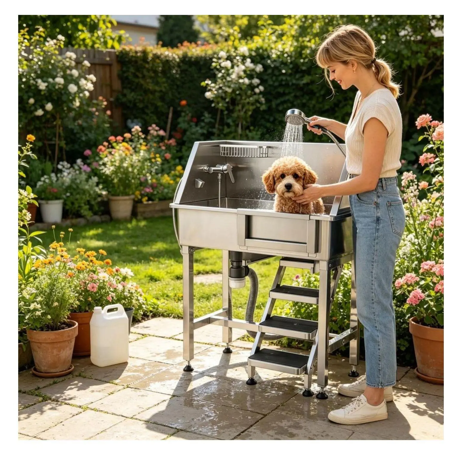 Stainless Steel & Aluminum Dog Washing Station - Elevated Pet Bath Spa with Hot/Cold Water, Built-in Leash Attachment Loop, Complete Drainage Kit, 220 lbs/100 kg Capacity, Grooming Tub for Ragdoll & Small Pets, Exotic Shorthair