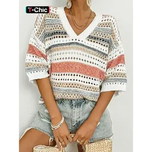 Women's Colorblock Print Crochet Sweater, Casual V Neck Jumper for Summer, Fashion Women's Knitwear for Daily Wear, Tops, Womenswear, Casual Chic Knitwear, Casual Pullover Top