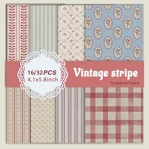 16/32 Sheets Vintage Stripe Wave Point Pattern Scrapbook Paper Scrapbook Page Scrapbooking Supplies Scrapbook Materials for Junk Journal Gift Wrapping DIY Card Making Handmade Crafts
