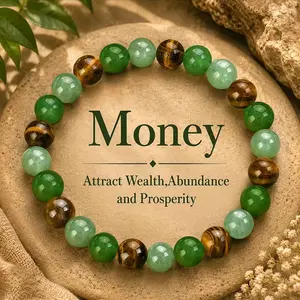 GEMRICH wealth bracelet featuring natural Dongling jade, green quartz, and tiger’s eye—a lucky bracelet that attracts wealth, prosperity, and abundance; a blue friendship beaded protective bracelet, ideal for gifting.