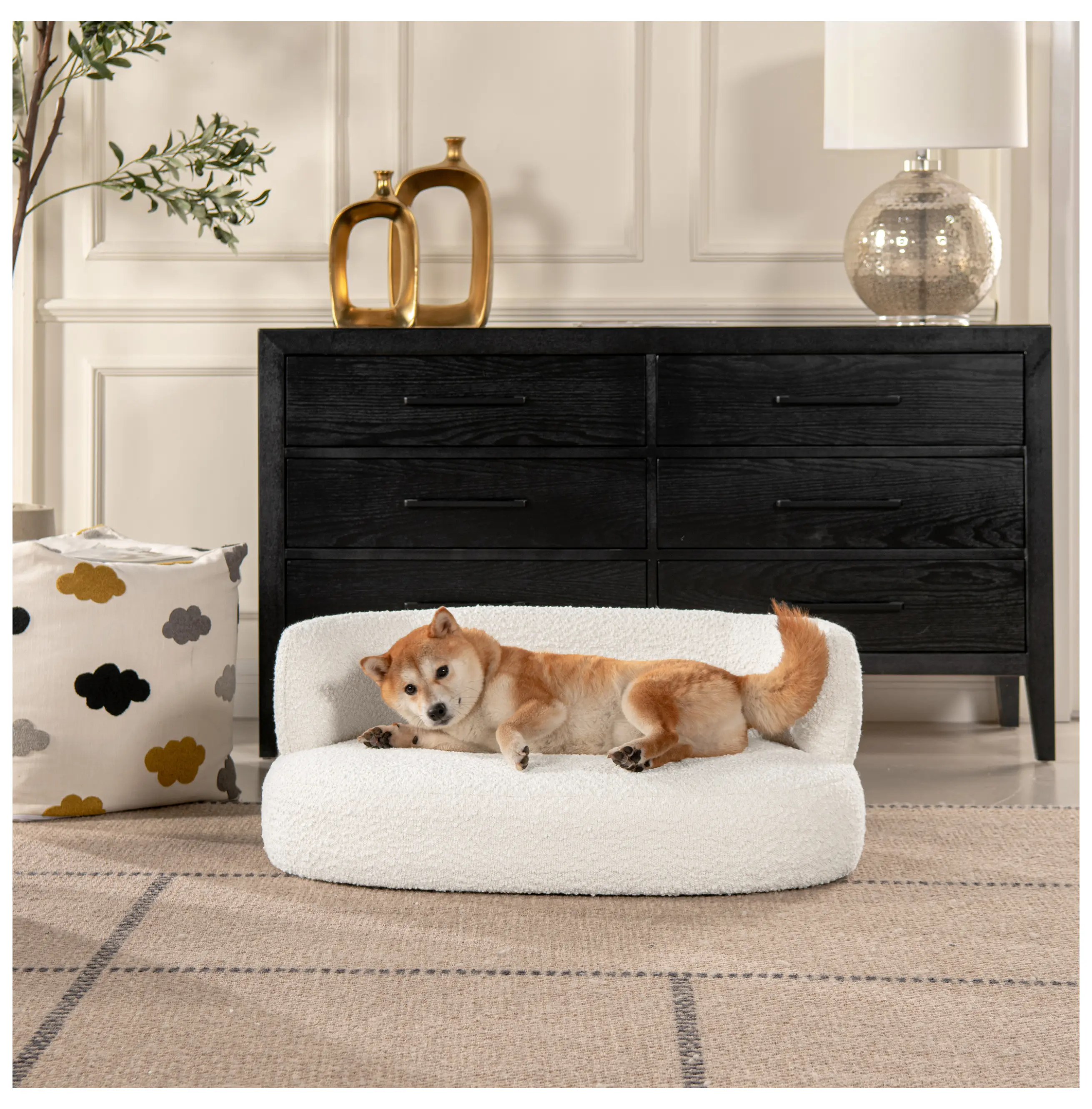 Dog Sofa Bed 36" Curved, Ivory Boucle Pet Bed - Shep Medium Dog Couch for Small to Medium Dogs up to 150lbs, Scandinavian Modern Style White + Foam + Boucle