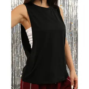 Women'S High-Stretch Sleeveless Yoga Tank Top - Breathable Mesh Overlay, Round Neck, Loose Fit for Gym, Running & Casual Wear, Workout Clothes