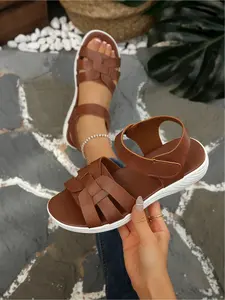 Women's Plus Size Summer New Woven Hollow Velcro Wedge Soft Sole Sandals for Outdoor Wear, Fashionable, Simple, Comfortable, Daily Lightweight, Casual, Versatile Sandals
