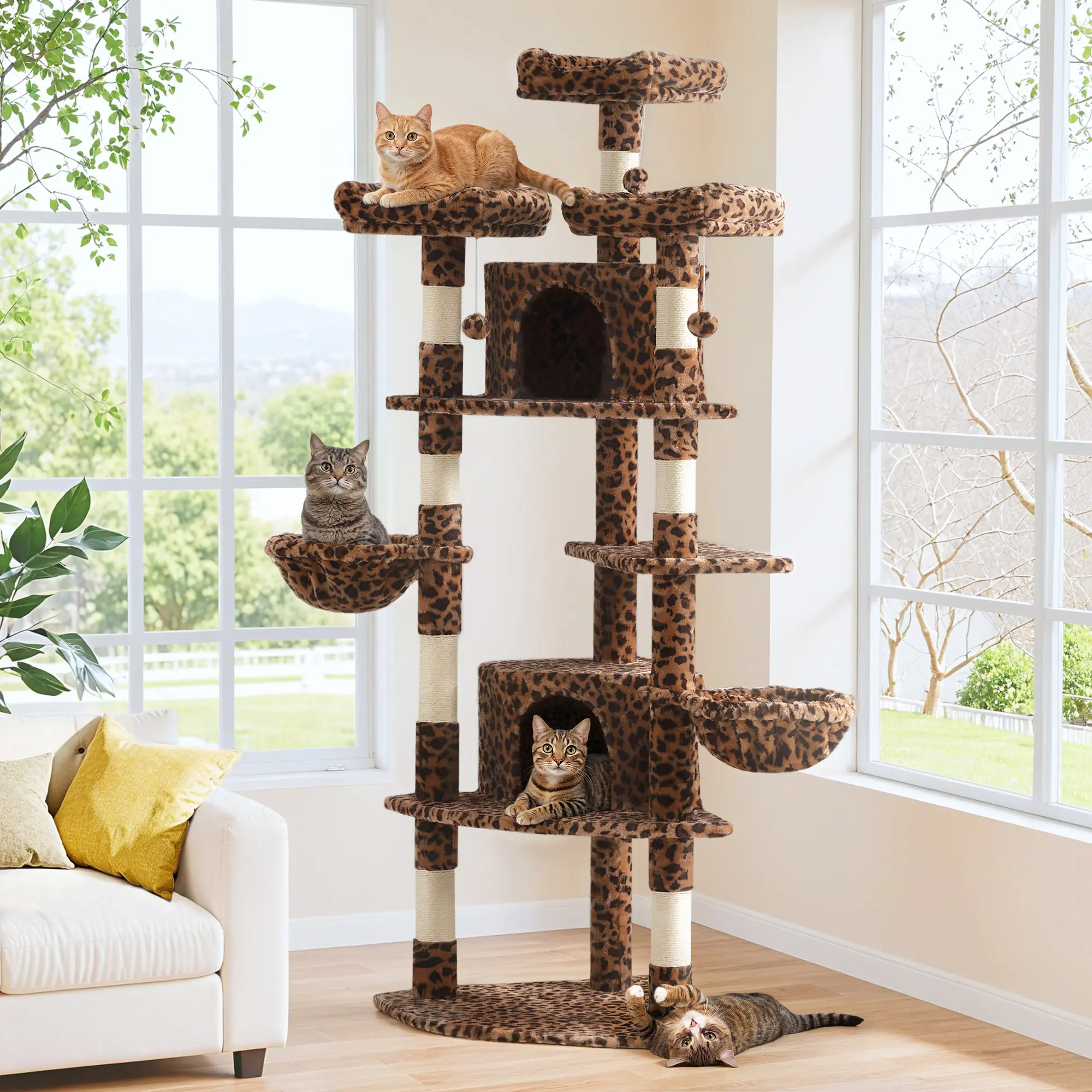 HOOMIC 73-Inch Fan-Shaped Corner Cat Tree, Space-Saving Multi-Level Tower with Cozy Condos, Perches, Baskets & Sisal Scratching Posts – Indoor Cat Activity Center