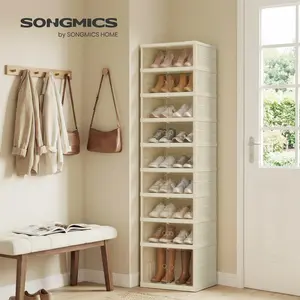 SONGMICS Foldble Shoe Storage Organizer for Closet, Stackable Sneaker Cabinet with Magnetic Door, Large Plastic Container Bins for Living Room, Entryway