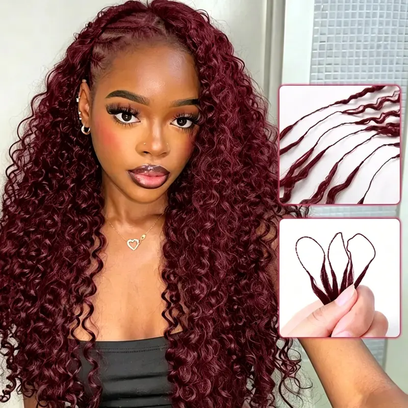 Bling Hair 100% Human Hair Feather Crochet Extensions Burmese Curly Deep Wave Kinky Curly Pre-Separated Miracle Knots Boho Braids 3C 4A Raw Human Hair Burgundy 99j (4-5 Packs for Full Head)