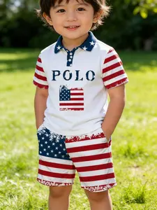 Boys' American Flag Theme Polo Set, Star-Spangled Short Sleeve Top & Shorts, Casual Slim-Fit Two-Piece, All-Over Print Design
