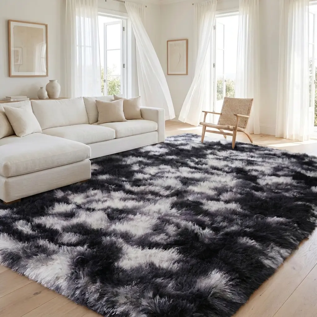 LUOGORT Soft Large Shaggy Area Rugs For Living Room Bedroom Fluffy Plush Tie Dye Black White Carpet Non Slip Backing Easy Clean Floor Cover For Hallway Apartment Entryway Dorm Decor Multiple Sizes