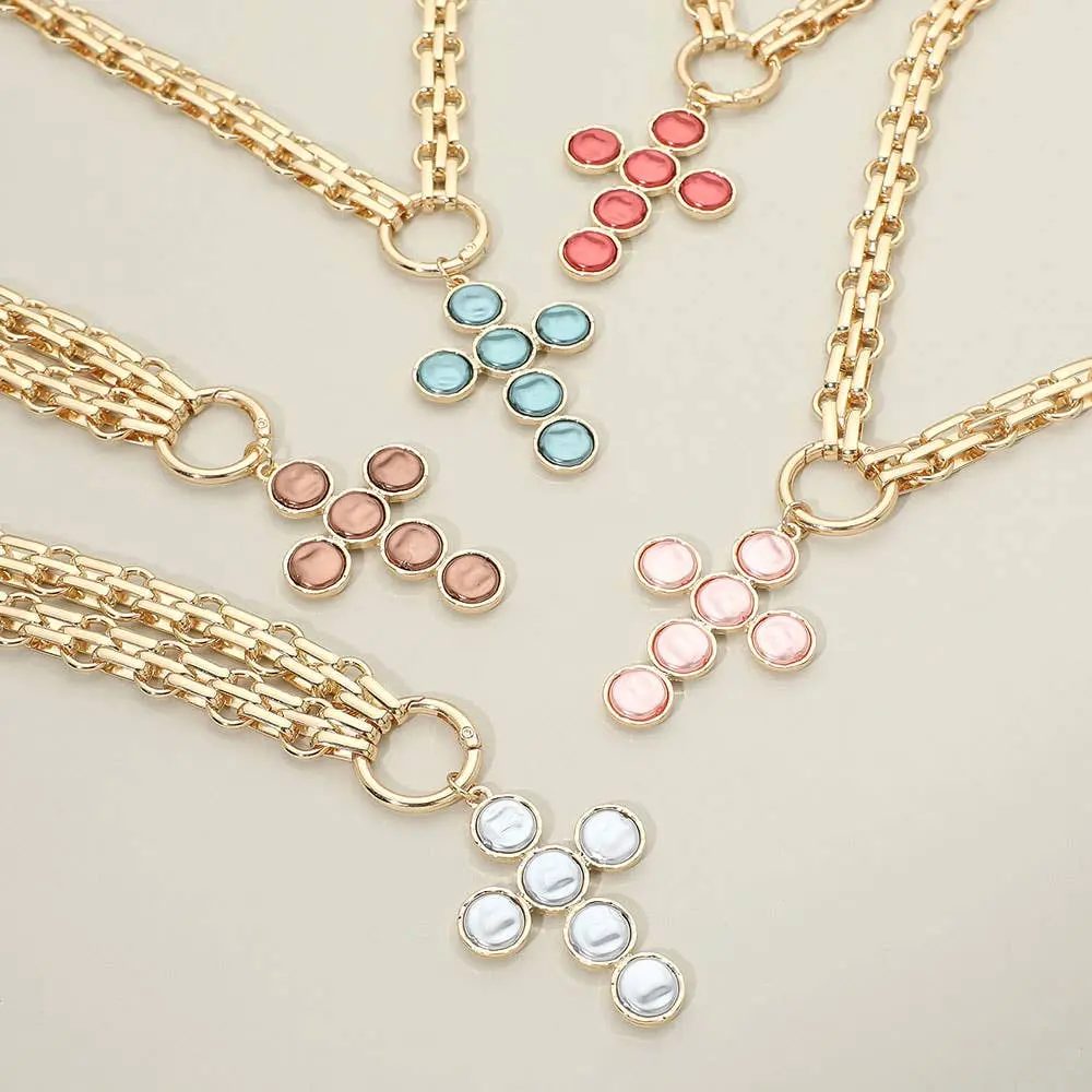 Pearl Cross Charm Pendant Chunky Chain Statement Necklace