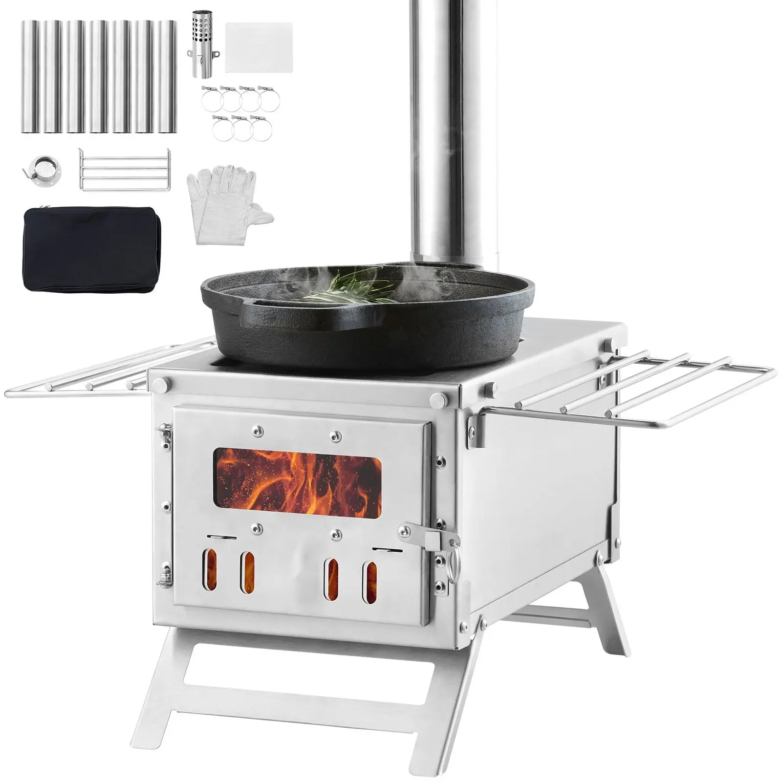 Wood Stove 80-Inch Stainless Steel Camping Tent Stove Portable Wood Burning Stove With Chimney Pipes And Gloves 700In³ Firebox Hot Tent Stove For Outdoor Cooking And Heating With Eight Pipes
