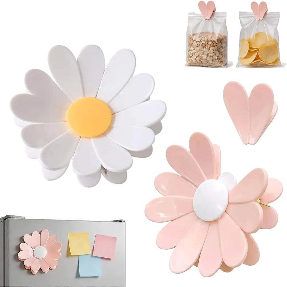 Aesthetic Cherry Blossom Fridge Magnetic Chip Clips| 6 Bag Clips + 1 Magnetic Base| Cute Food Sealing Clips for Snack Bread Pet Food Storage| Fridge Organizer Kitchen Decor Gift