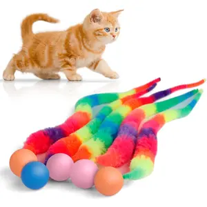 Bouncy Ball with Tail  Toys-5 Packs,Rainbow Large Magic Worm with Ball  for Cats,Colorful Fuzzy Worm Bouncy Balls