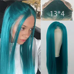 Green Color Hair Lace Front Wigs Synthetic13x4 Long Silky Straight Heat Resistant FiberGlueless Frontal Lace Replacement Wig PrePlucked With Baby Hair Natural Hairline 26Inches Transparent Lace, Gift For Women
