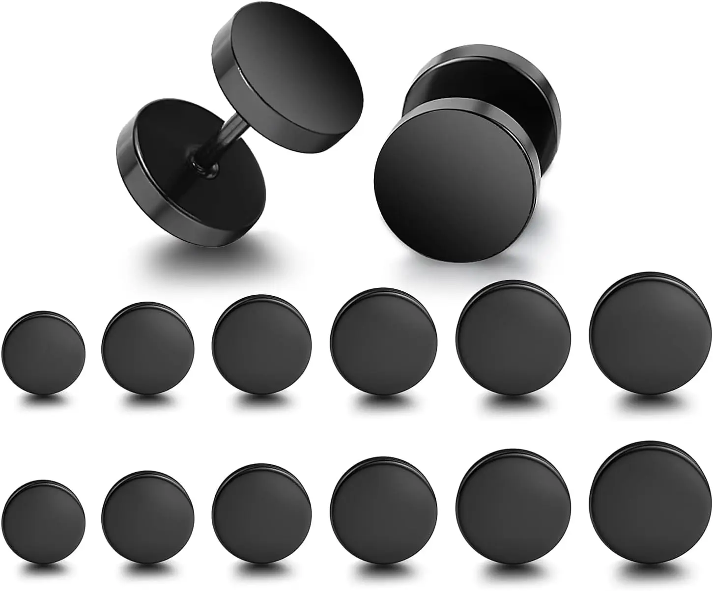 Black Screw Stud Earrings Men Women Faux Gauges Ear Tunnel Stainless Steel Earrings 6 Pairs 5mm-10mm