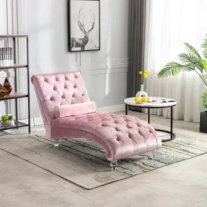 Velvet Chaise Lounge Indoor,Button-Tufted Upholstered Chaise Lounge Chair with Pillow for Bedroom Living Room Office (Pink Velvet)