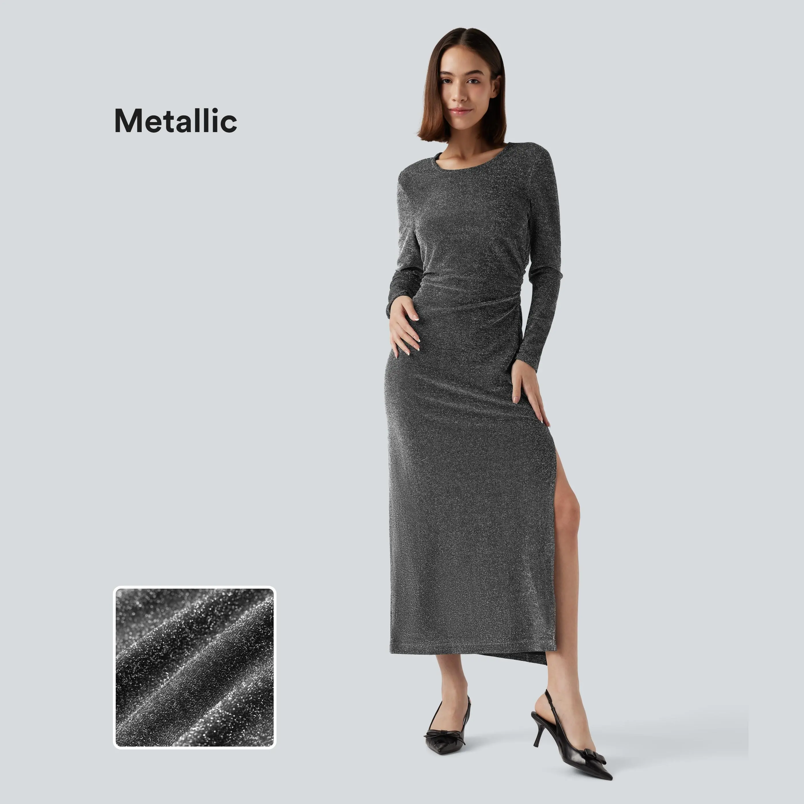 Halara Tie Back Cut-out Long Sleeve Split Hem Midi Metallic Party Dress