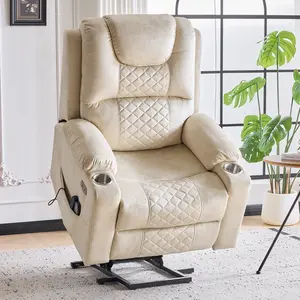 Oversized Motor Power Lift Recliner Chair for Elderly - Living Room Chair with Massage, Heat, Extended Footrest,USB Ports - Big Tall, Velvet,Beige