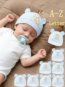 1PC Baby Hospital Hat with A-Z Letters, Soft Unisex Newborn Knit Cap, Personalized Cap, Cute Bear Ear Design, Photography Prop for Babies 0-3 Months