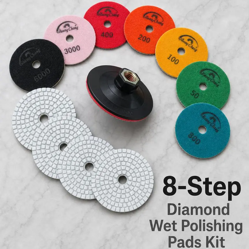 9PCS 4 Inches 50-3000 Grits 8-Step Wet Diamond Polishing Pads Kit, Angle Grinder Attachments for Flat Granite Quartz, Square Grid Sanding Discs with 5/8-11 Backer Pad, 8-Step Kit