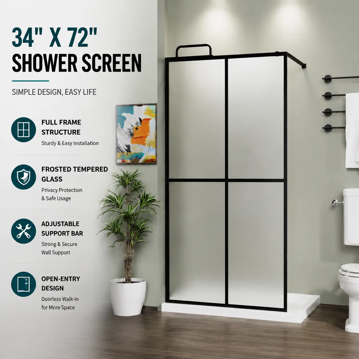 34" W x 72" H Frosted Walk-In Shower Screen, Full Aluminum Frame, 5mm Tempered Glass, Adjustable Support Bar, Matte Black