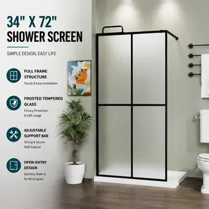 34" W x 72" H Frosted Walk-In Shower Screen, Full Aluminum Frame, 5mm Tempered Glass, Adjustable Support Bar, Matte Black