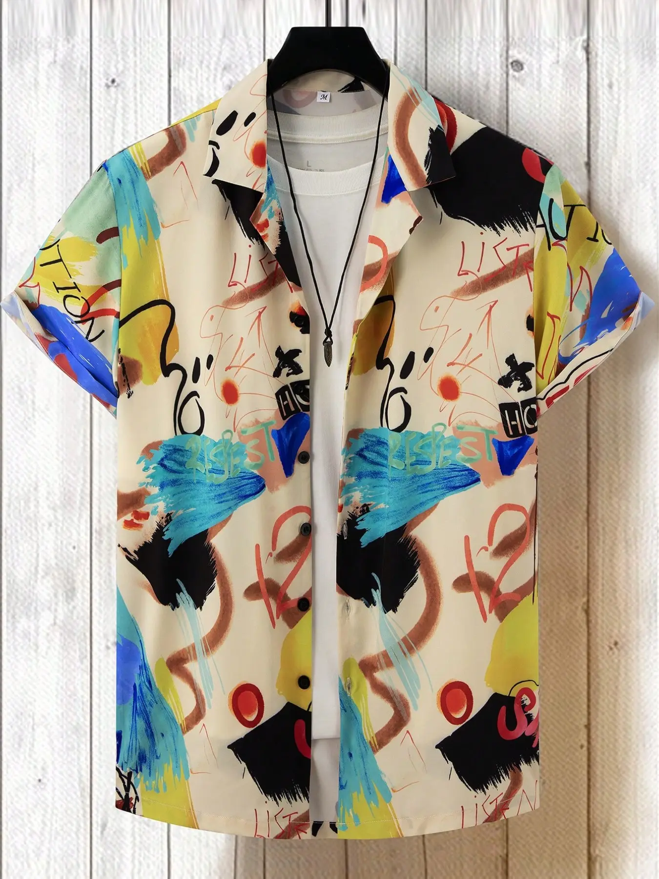 Men's graffiti print short-sleeve shirt, Casual collared shirt, Casual outings shirt, abstract brushstroke design, camp collar, button-down front, multicolor graphic pattern, lightweight fabric, relaxed fit, streetwear aesthetic, casual summer wear