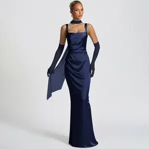 Women's Solid Color Satin Square Neck Maxi Dress with Mesh Sleeves 2025 Fall Winter New Solid Color Slim Fit Elegant Casual Wear Evening Events Parties Gown Dress Dates Sexy Mermaid Long Dresses