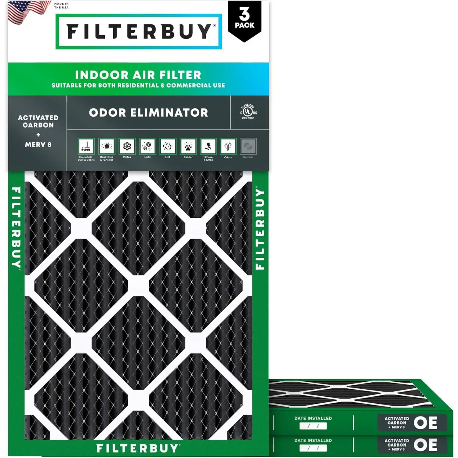 Filterbuy 14x25x1 Air Filter (3-Pack), Pleated MERV 8 Odor Eliminator HVAC AC Furnace Air Filters (Actual Size: 13.50 x 24.50 x 0.75 Inches)