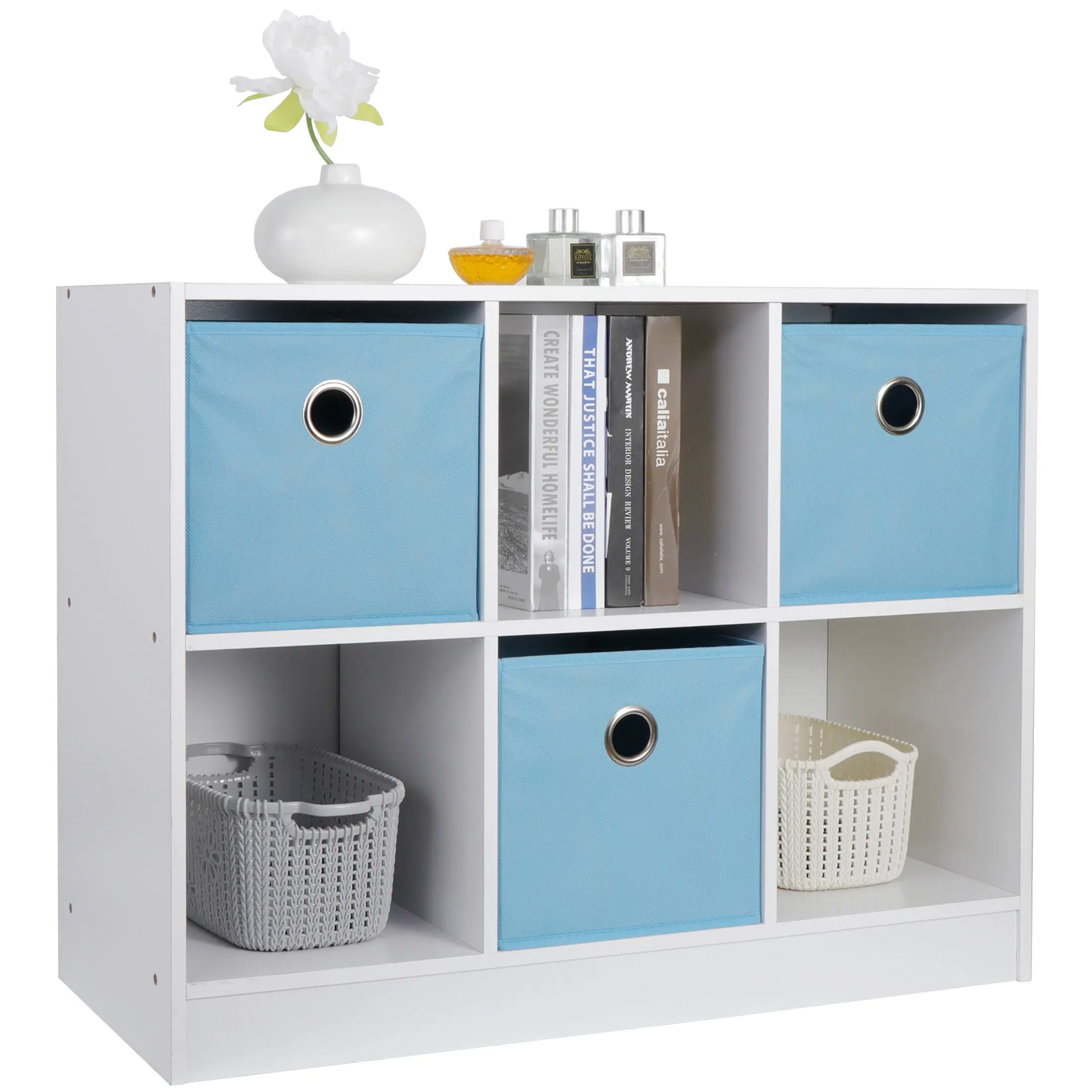 ZENY 6-Cube Storage Organizer - MDF Cabinet with 2 Open Shelves, 3 Fabric Bins, Waterproof Eco-Friendly Home Decor Shelf, Self-Assembly Accessory for Kid Room, Home Library, 31.5"l x 11.8"w x 23.6"h