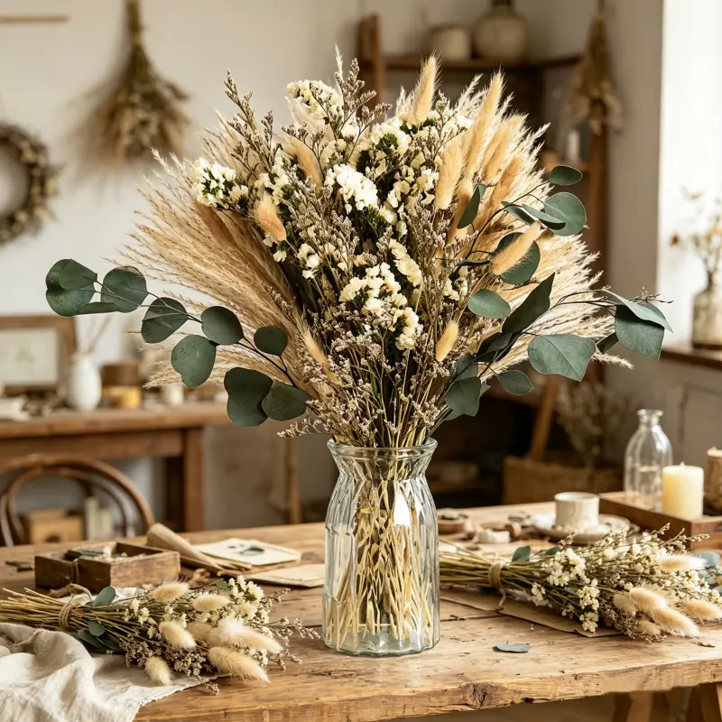 54PCS Pampas Grass Bouquet – Fluffy boho floral arrangement for home decor, wedding centerpieces, bedroom aesthetic, vase styling, and DIY floral displays
