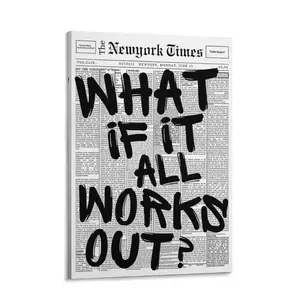Retro Black And White Newspaper Poster What If It All Works Out Canvas Wall Art Positive Affirming Quote Minimalist Prints Painting For Home Bedroom Dorm Wall Decor Unframed