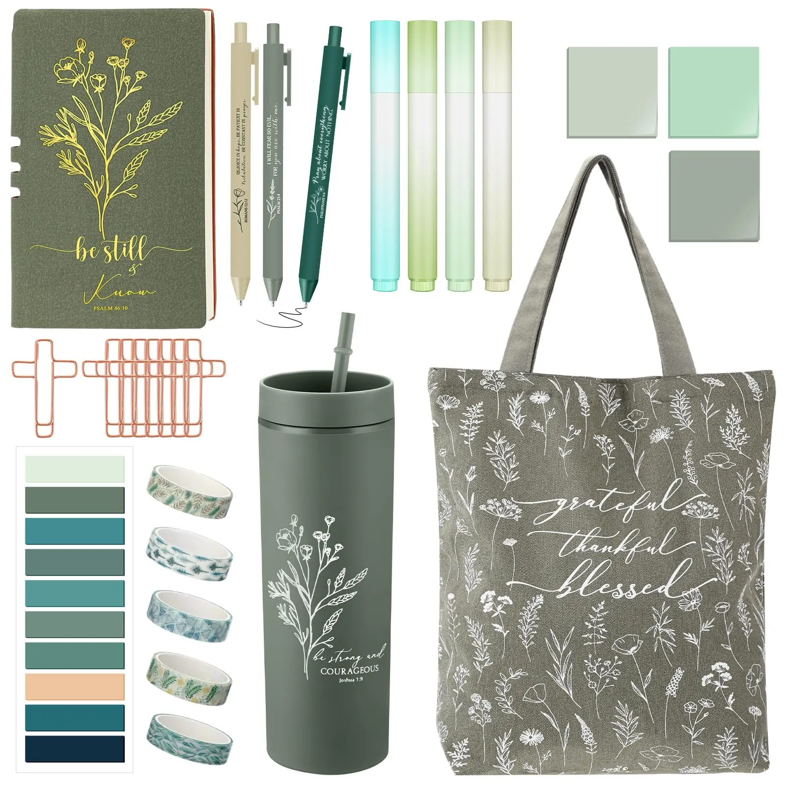 Women's 29-Piece Christian Bible Study Stationery Set - Tapes, Paper Clips, Ballpoint Pens, 4 Highlighters, 16oz Cup, PU Leather Tote Bag, 1 Leather Journal (12.6x14.96x3.94in) - Appreciation Gift for Adults