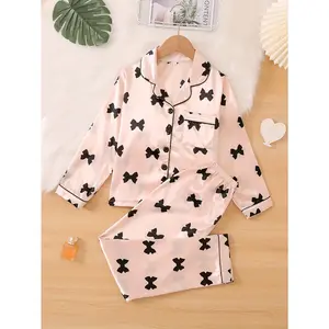 Flame-retardant fabric 2pcs set spring and autumn cute bow print pajamas comfortable flame-retardant imitation open-fronted long-sleeved top and trousers 130 yards-160 yards medium and large children's girl's suit pajamas
