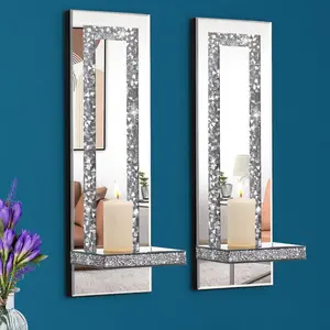 Crush  Mirrored Candle Sconces,  Wall Candle Holder Set of 2, Wall Decorations for Living Room,Dining Room (Rectangle Stripe (Style 4))