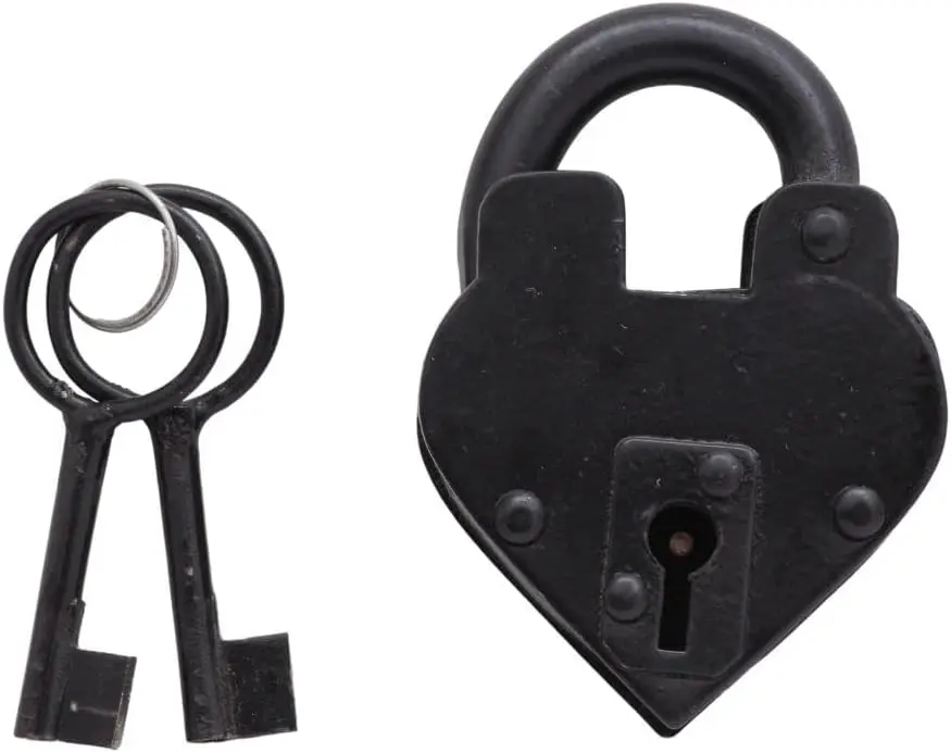 Victorian Handcrafted Heart-Shape Hardware Padlock, Vintage Black Lock with 2 Unique Skeleton Keys, Collectible for Anniversary Personalized Gifts, Unique Skelton Two Keys