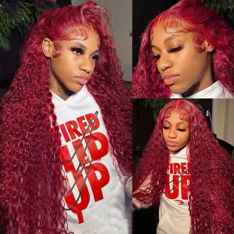 250% Density 99J Burgundy 30 Inch Deep Curly 13x4 Lace Front Wig Curly Red Colored Transparent Natural Hairline Easy Styling