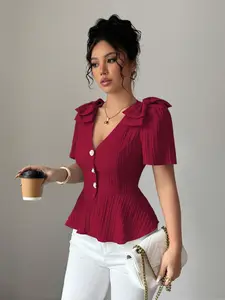 New Women's V Neck Bow Design Open Front Pure Color Textured Woven Fabric Elegant Stylish Young Versatile High Waist Slimming Shirt