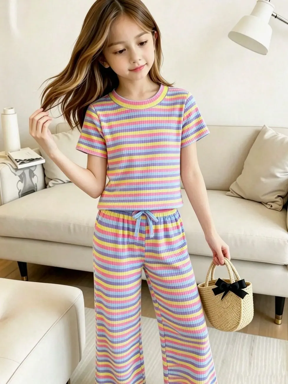 Kids clothing girls - Girls Textured Striped T-Shirt & Flare Pants Set, Knit Summer School Outfit girls clothes for kids clean girl clothes cute college girl clothes girly clothing trendy tops for school