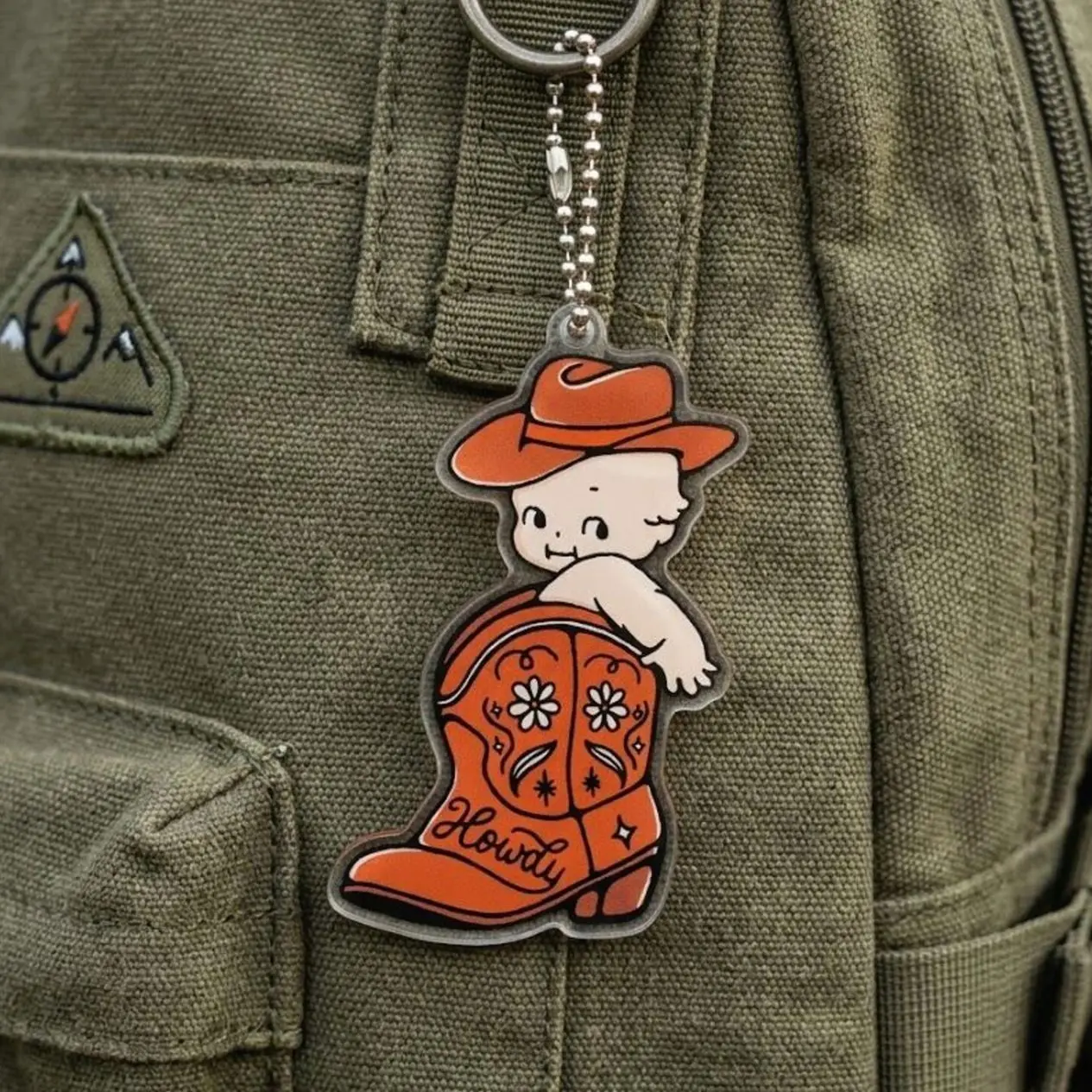 Cowboy Boot Keychain, Retro Kewpie Baby Acrylic Charm, Western Bag Tag