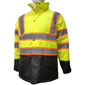 American Size /True to size Parka Yellow with Black bottom Class 3 Reflective Safety Rain Jacket with Quilted Liner/  Water resistant Orange Safety jacket