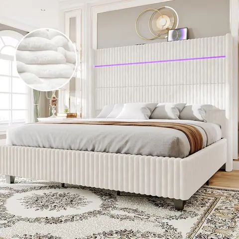 Amerlife King Size Bed Frame - Corduroy Upholstered, 60" Tall Wingback Tufted Ergonomic Headboard, LED Lights, Charging Station, No Box Spring Needed, Stable Metal Apartment Furniture, 1h 2-Person Setup, No Fire Safety Label, Bed Frame King Size