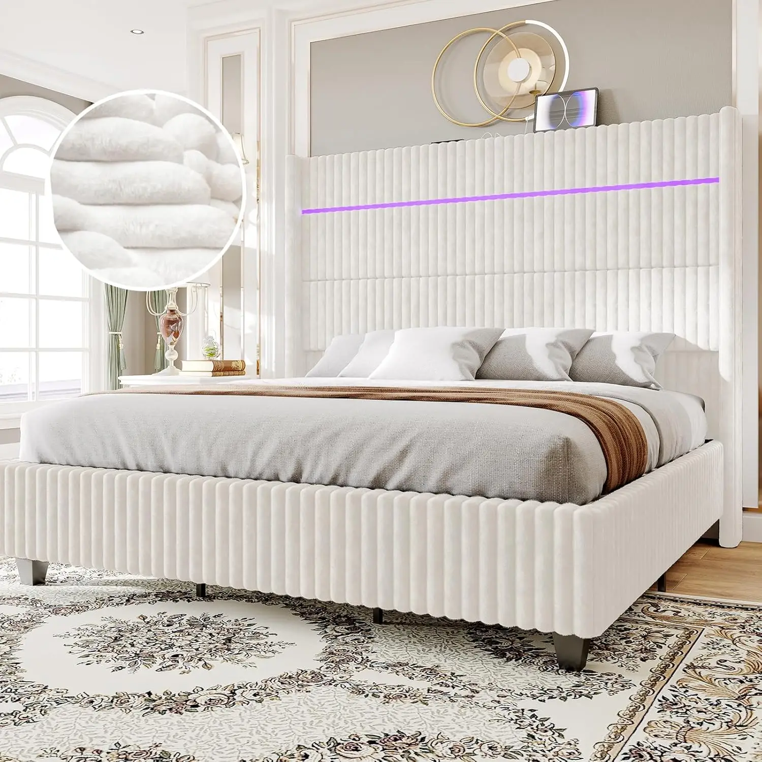 [TikTokShopfalldealsforyou]AMERLIFE Bed Frame with LED Lights Charging Station, Corduroy Upholstered Platform Bed Frame with 60" Tall Wingback Headboa