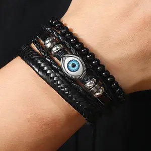 ZORCVENS 3 pcs/set Handmade Woven Leather Bracelet for Men, Vintage Braided Jewelry Gift, Evil Eye Bracelets Bangles
