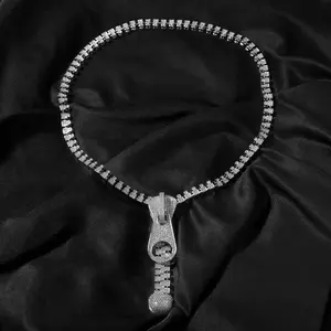 9144  Streetwear Hip Hop Zip Pendant Tennis Chain Necklace | Edgy Statement Zipper Pull Charm Necklace for Men Women | Iced Out Bold Street Style Bling Jewelry outdoorfun