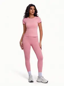 Plain Color High-Intensity Yoga Set, Fitness Activewear, Quick-Dry and Breathable High Waisted Athletic Fitting Pants, Sportswear for All Seasons, Short Sleeve Top and Long Pants, Gym Workout Set