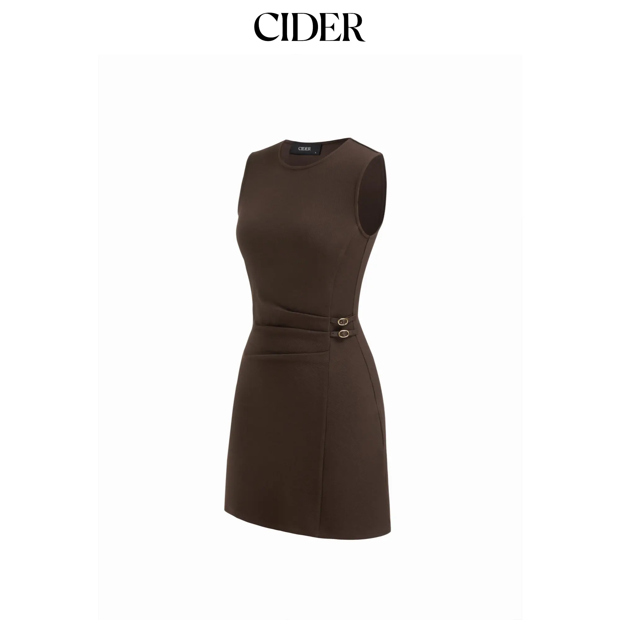 Cider Round Neckline Belted Ruched Mini Dress