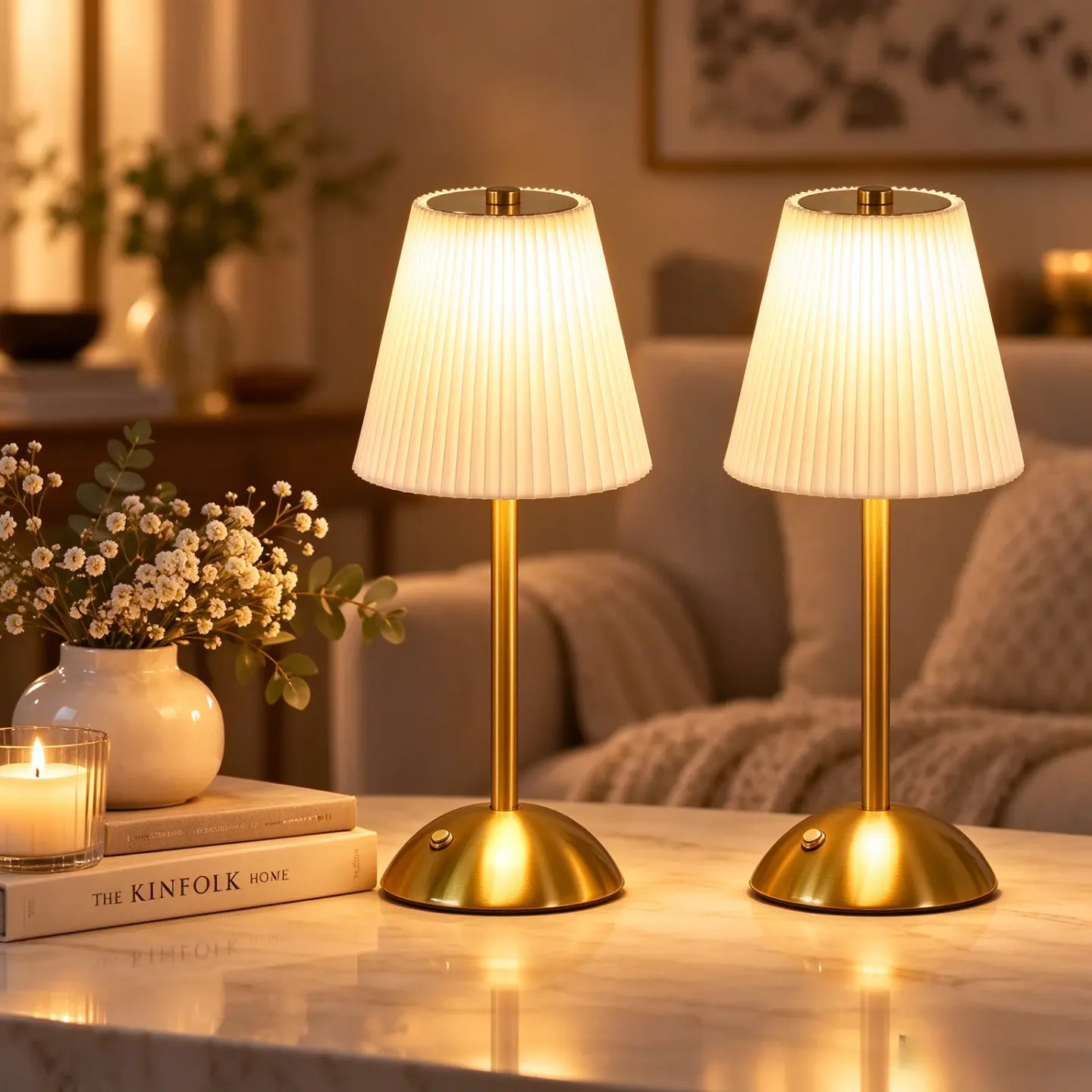 1/2-Pack Rechargeable Table Lamp, Antique Brass Touch Light with Fabric Shade, 3 Color Modes Cordless Desk Lamp for Bedroom Living Room Kitchen Office & Home Decor