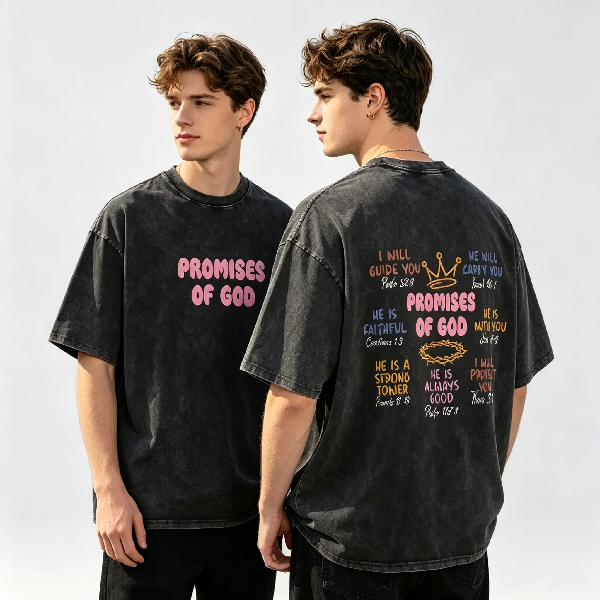 Men's Vintage Soft Cotton Casual T-Shirt - Round Neck, Short Sleeve, Double Sides 'Spiritual Promise' Print, Shrink Res, Geometric, All Seasons, Washed Menswear Tops Casual Summer Tees Black