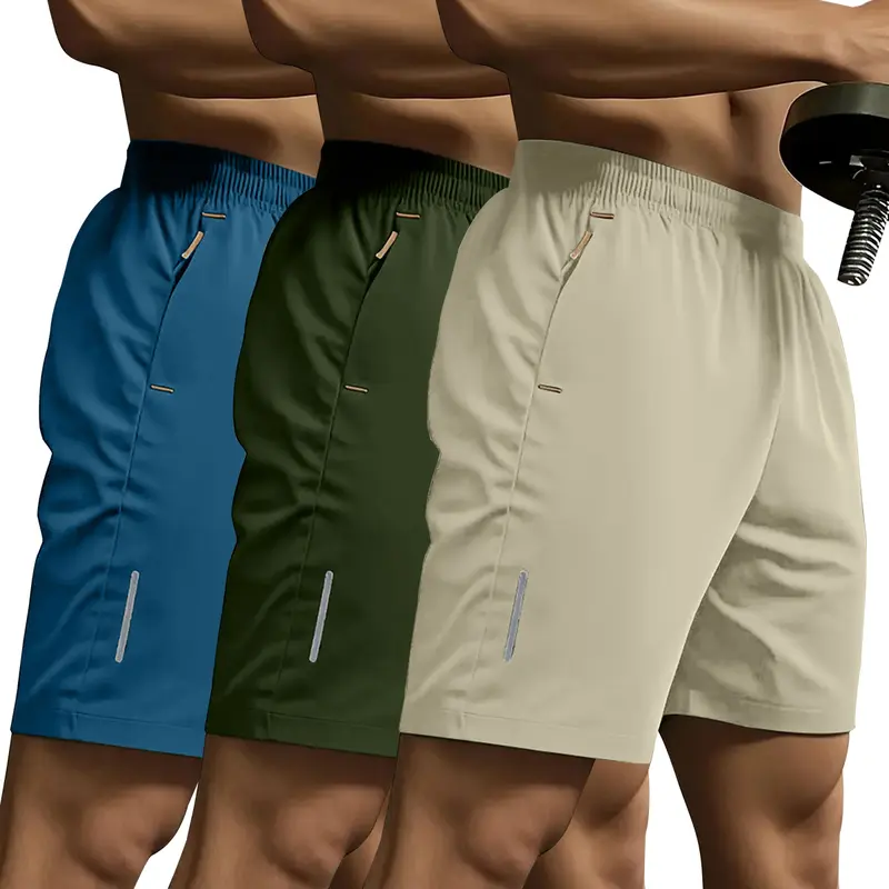 Men's 3-Pack Quick-Dry Ice Silk Fiber Sports Shorts with Zipper Pockets, Striped Lightweight Breathable Outdoor Running, Hiking, Beach Regular Fit Summer Casual Shorts, Men's Gift Recommendation